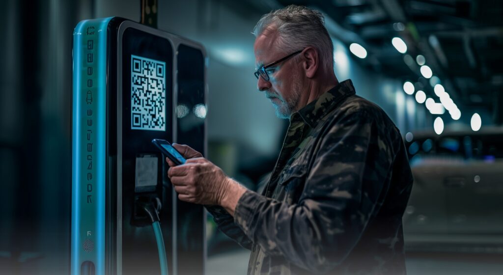 A man trying to scan a QR-code.